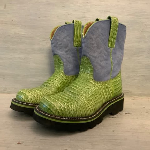 ARIAT Fatbaby Lime Green Faux Snakeskin Blue Leather Upper Boots Size U.S. 7 GC - Picture 3 of 8